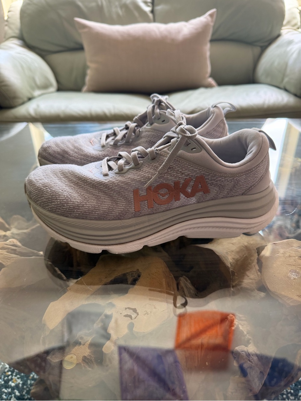 Hoka Women's Gaviota 5 Running Sneakers - Light Grey with Rose Logo